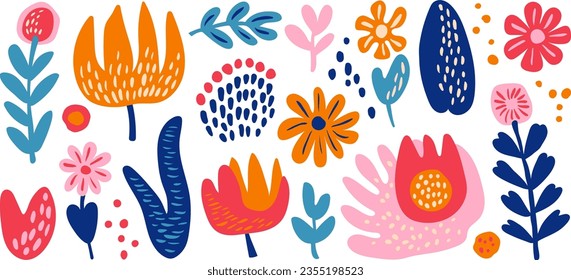 Set of modern artistic hand drawn doodle abstract nature and floral shapes. Trendy collage contemporary design elements.