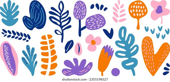 Set of modern artistic hand drawn doodle abstract nature and floral shapes. Trendy collage contemporary design elements.