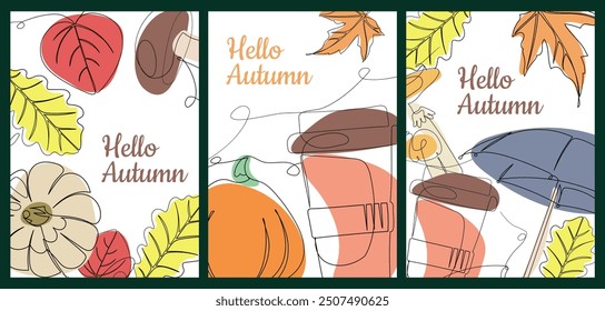 Set of modern autumn openworks in line art styles with abstract spots on the background. Postcard with mushrooms and autumn leaves. Hot pumpkin coffee. Open umbrella with hot coffee