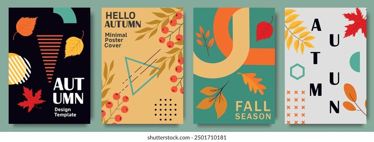 Conjunto de carteles modernos de otoño con Formas geométricas abstractas y hojas de otoño en tonos cálidos con saludos de temporada y diseños decorativos. Plantilla para publicidad, Web, redes sociales.