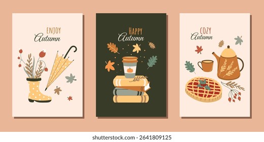 A set of modern autumn posters with a delicious pie, a bouquet of leaves and berries, an umbrella, a stack of books and a pumpkin drink. Vector design for posters, backgrounds, postcards and more.