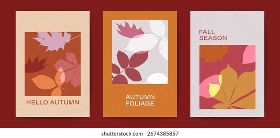 Conjunto de cartazes de outono modernos com caída castanheiro e folhas de bordo. Design moderno para decoração de parede, cartões postais, capas.