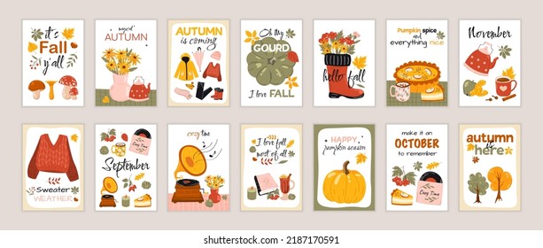 Set of a modern autumn posters. Hand written lettering quote. Trendy calligraphy poster. Cozy phrase for winter or autumn time. Inspirational fall sign.