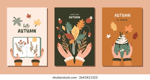 A set of modern, autumn posters with a hot drink, an autumn bouquet of leaves and berries and a notebook. Vector design for posters, backgrounds, postcards, covers and more.