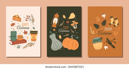 A set of modern autumn posters with pumpkins, candles, honey, lamp, mushrooms, leaves and berries. Vector design for posters, backgrounds, postcards and more.