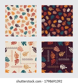 Set of modern autumn seamless patterns with silhouettes of tropical leaves and geometrical ornaments for textile, fabric manufacturing, wallpaper, covers, surface, print, gift wrap, scrapbooking.