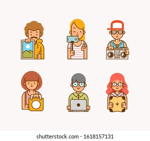 set of modern avatar illustration of young man and women carriying stuff like phone, laptop, pillow, radio, picture vector illustration. use for avatar, mascot and other.