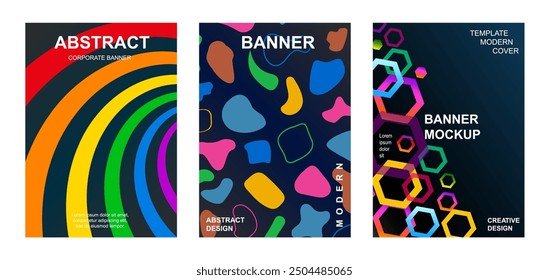 Set of modern background design. Brochure cover cards. Minimal geometric shapes compositions. Banner, cover, card, wallpaper, decoration, poster, brochure, leaflet, magazine. Template in A4 size