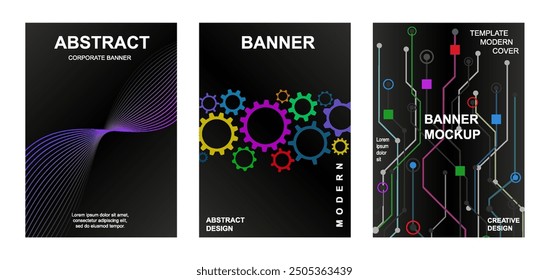 Set of modern background design. Brochure cover cards. Minimal tech geometric shapes compositions. Banner, cover, card, wallpaper, decoration, poster, brochure, leaflet, magazine. Template in A4 size