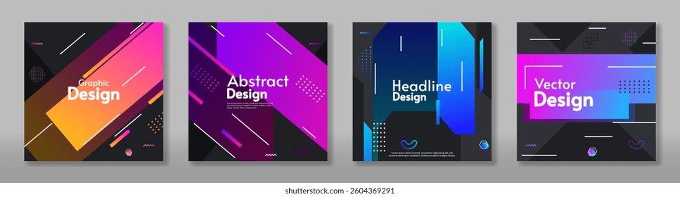 Set of modern background with geometry shapes. Gradient colorful lines with dark backdrop. Vector illustration. 
