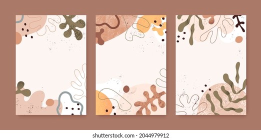 Set of modern backgrounds with abstract organic shapes and leaf. Card designs with geometric fluid blots, dots, leaves and trendy creative random forms. Vertical backdrops. Flat vector illustrations