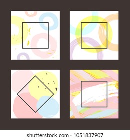 Set of modern backgrounds with frames. Watercolor, sketch, grunge, paint, watercolour brush strokes, splash, splat. Square templates for design of posters, banners, greeting cards, headers. Vector.