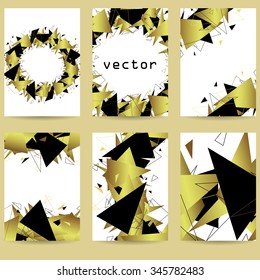 Set of modern backgrounds. Gold and black triangles. Fragments. Design for business, advertising, cards, invitations, catalogs. Vector illustration.