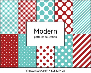 Set of modern backgrounds with stripes, checks, polka dot seamless pattern textures