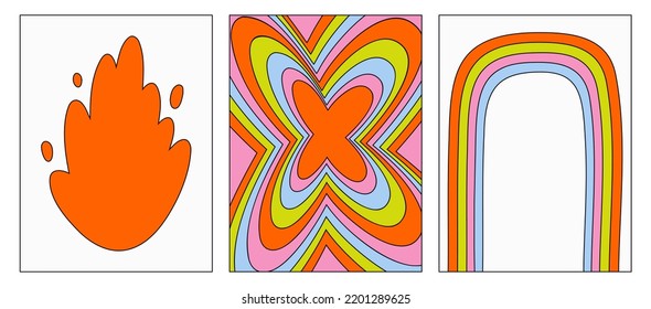 Set of modern backgrounds. Vector posters in the style of the 90s. Psychedelic pattern, rainbow and flame. Trendy futuristic Graphic Template. Vector illustration isolated on a white background.
