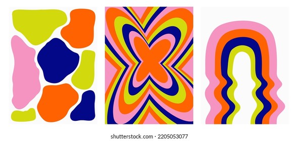 Set of modern backgrounds. Vector posters in the style of the 90s. Psychedelic pattern, rainbow and abstract shapes. Trendy futuristic Graphic Template. Isolated Vector illustration