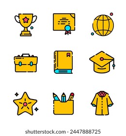 A set of modern back-to-school-themed stickers. Diploma, gown, graduation cap, books, pens, globe. Vector illustration on a white background.