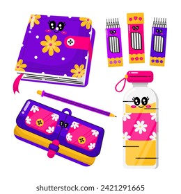 A set of modern back-to-school-themed stickers. Pack of trendy vectors.Book and pencilcase vector element