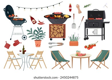 Set of modern backyard furniture with moveable kitchen, outdoor furniture, bbq grills, plants. Cartoon flat elements, summer terrace and patio, lounge items, objects for relax picnic. Vector clipart