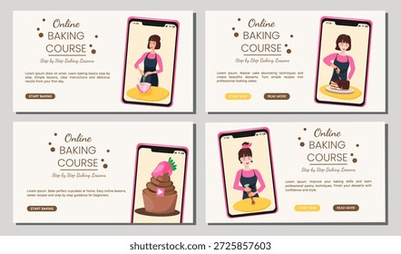 Conjunto de banners modernos de curso de assar com personagens de padeiro feminino e ilustrações de sobremesa. Aulas de pastelaria online, aulas de culinária, promoção de educação alimentar, cabeçalhos de sites e anúncios nas mídias sociais.
