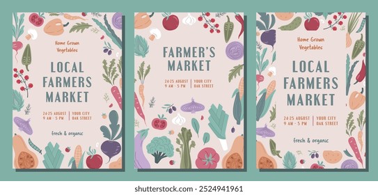 Set of modern banner or poster for Local Farmers Market, Organic Farm, Harvest Festival, Agricultural fair  Vector flat illustration. Announcement for seasonal fair. Hand drawn flyer template