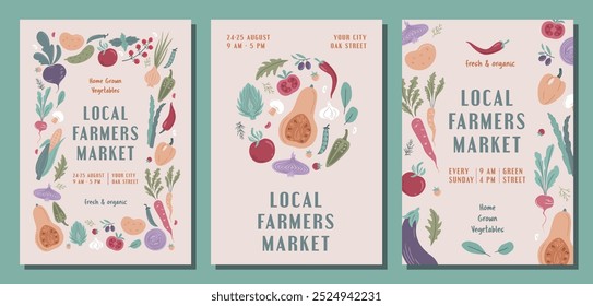 Set of modern banner or poster for Local Farmers Market, Organic Farm, Harvest Festival, Agricultural fair  Vector flat illustration. Announcement for seasonal fair. Hand drawn banner template