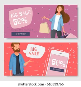 A set of modern banner for the promotion of the store. A young man with a phone and a woman with cartoons in the style of a cartoon. Vector illustration.