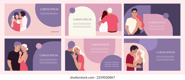 Set of modern banner templates for presentation. Loving couples in a relationship. Horizontal banners. Vector flat illustrations. EPS 10. Valentine's Day. Pink and purple colors. 
