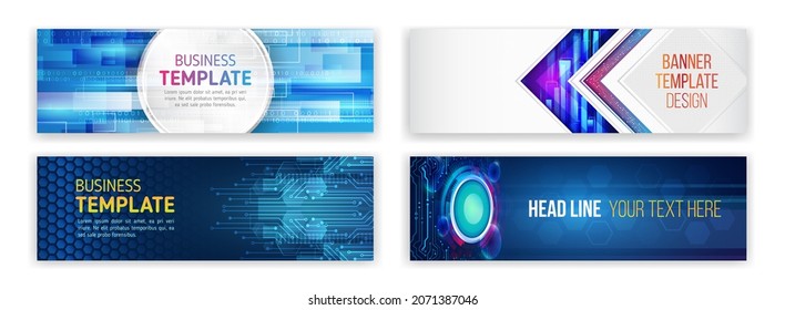 Set of modern banner templates for websites. Abstract social media cover design.  Horizontal header web background. High tech design with technological elements. Science and digital technology concept