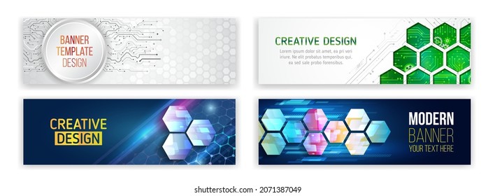 Set of modern banner templates for websites. Abstract social media cover design. Horizontal header web background. High tech design with technological elements. Science and digital technology concept - Shutterstock ID 2071387049