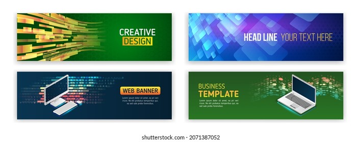 Set of modern banner templates for websites. Abstract social media cover design. Horizontal header web background. High tech design with technological elements. Science and digital technology concept