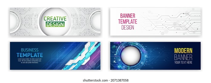 Set of modern banner templates for websites. Abstract social media cover design, invitation card. Horizontal header web background. High tech design with technological elements. Science and technology