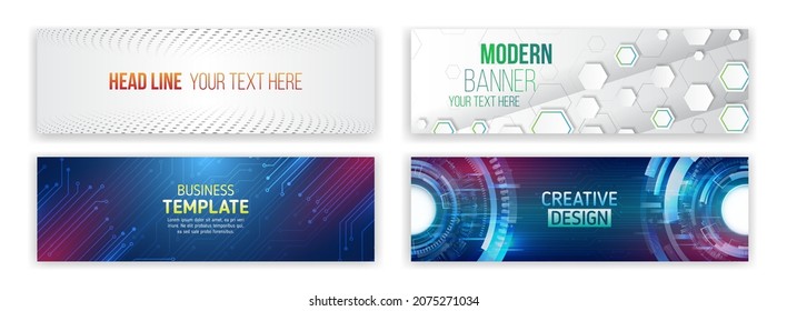 Set of modern banner templates for websites. Abstract social media cover design. Horizontal header web background. High tech design with technological elements. Science and digital technology concept