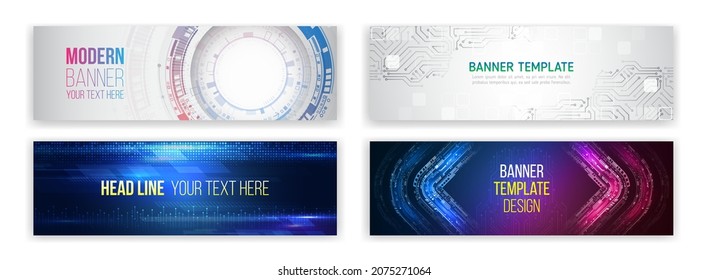 Set of modern banner templates for websites. Abstract social media cover design. Horizontal header web background. High tech design with technological elements. Science and digital technology concept