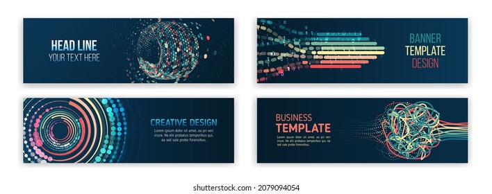 Set of modern banner templates for websites. Abstract social media cover design. Horizontal header web background. Visualization of data arrays, databases. Information flow, sorting.