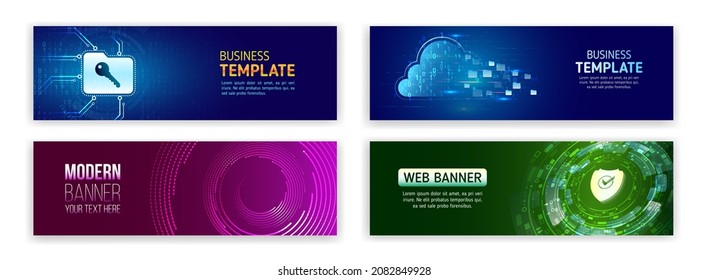 Set of modern banner templates for websites. Abstract social media cover design. Web hosting. Cloud computing. High tech design with technological elements. Science and digital technology concept.