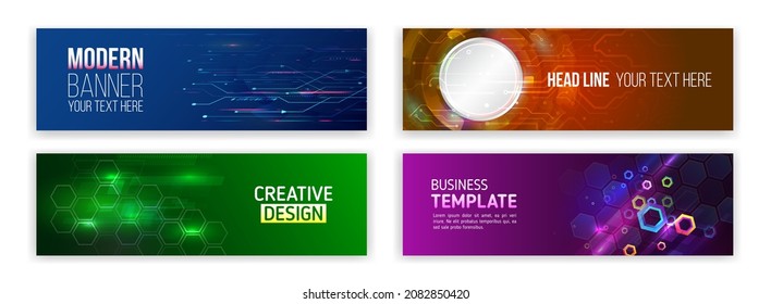 Set of modern banner templates for websites. Abstract social media cover design. Horizontal header web background. High tech design with technological elements. Science and digital technology concept