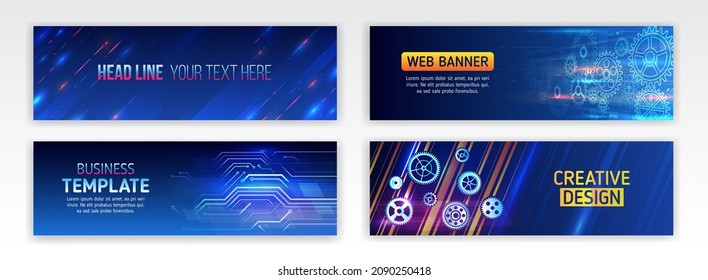 Set of modern banner templates for websites. Abstract social media cover design. Horizontal header web background. High tech design with technological elements. Science and digital technology concept