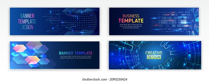 Set of modern banner templates for websites. Abstract social media cover design. Horizontal header web background. High tech design with technological elements. Science and digital technology concept