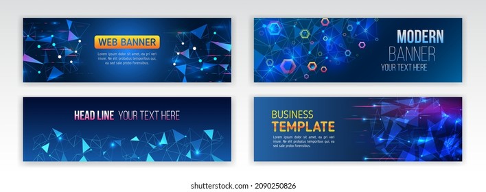 Set of modern banner templates for websites. Abstract social media cover design. Horizontal header web background. High tech design with technological elements. Science and digital technology concept