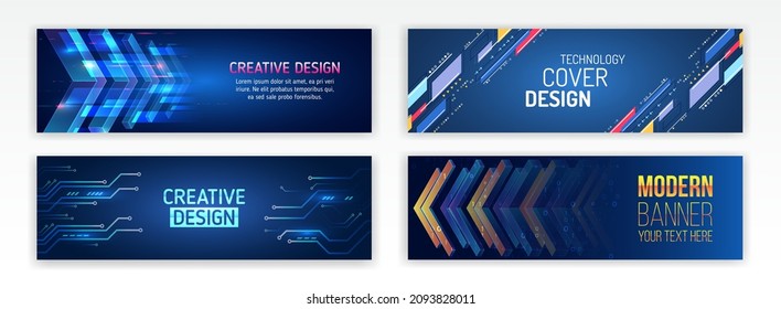 Set of modern banner templates for websites. Abstract social media cover design. Horizontal header web background. High tech design with technological elements. Science and digital technology concept
