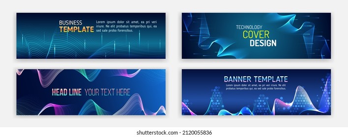 Set of modern banner templates for websites. Abstract waves and lines cover design. Horizontal header web background. High tech design with technological elements. Science and digital technology.