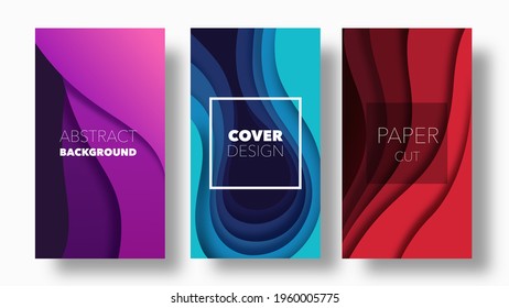 Set of modern banners with 3d paper cut, origami wavy backgrounds for web page or mobile apps. Trendy abstract composition