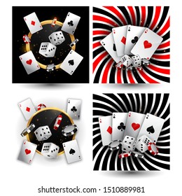 Set of modern banners Casino. Background with realistic playing cards, chips and dice. 