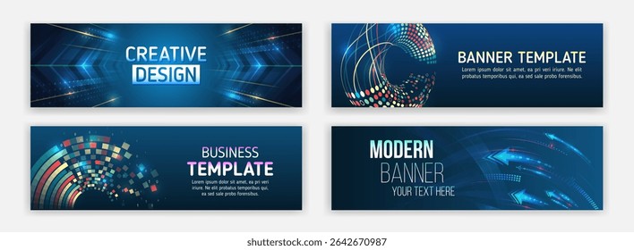 A set of modern banners with digital and futuristic elements. Abstract shapes, arrows, light effects and tech style. Ideal for web design, IT companies, presentations and business templates.