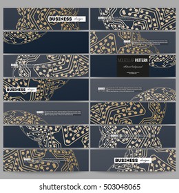 Set of modern banners. Golden microchip pattern, abstract template with connecting dots and lines, connection structure. Digital scientific vector background