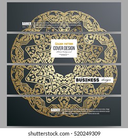 Set of modern banners. Golden microchip pattern on dark background with connecting dots and lines, connection structure. Digital scientific vector.