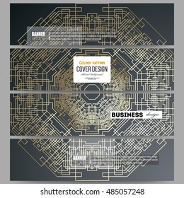 Set of modern banners. Golden technology pattern on dark background with connecting lines and dots, connection structure. Digital scientific vector