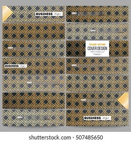 Set of modern banners. Islamic gold pattern with overlapping geometric square shapes forming abstract ornament. Vector stylish golden texture on black background.