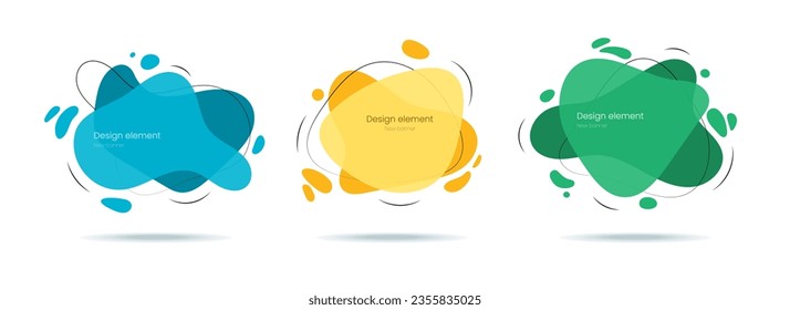 Set of modern banners in liquid design with black outline. Flat geometric shapes of different colors - blue, yellow, green. Trendy dynamic elements in Memphis style.